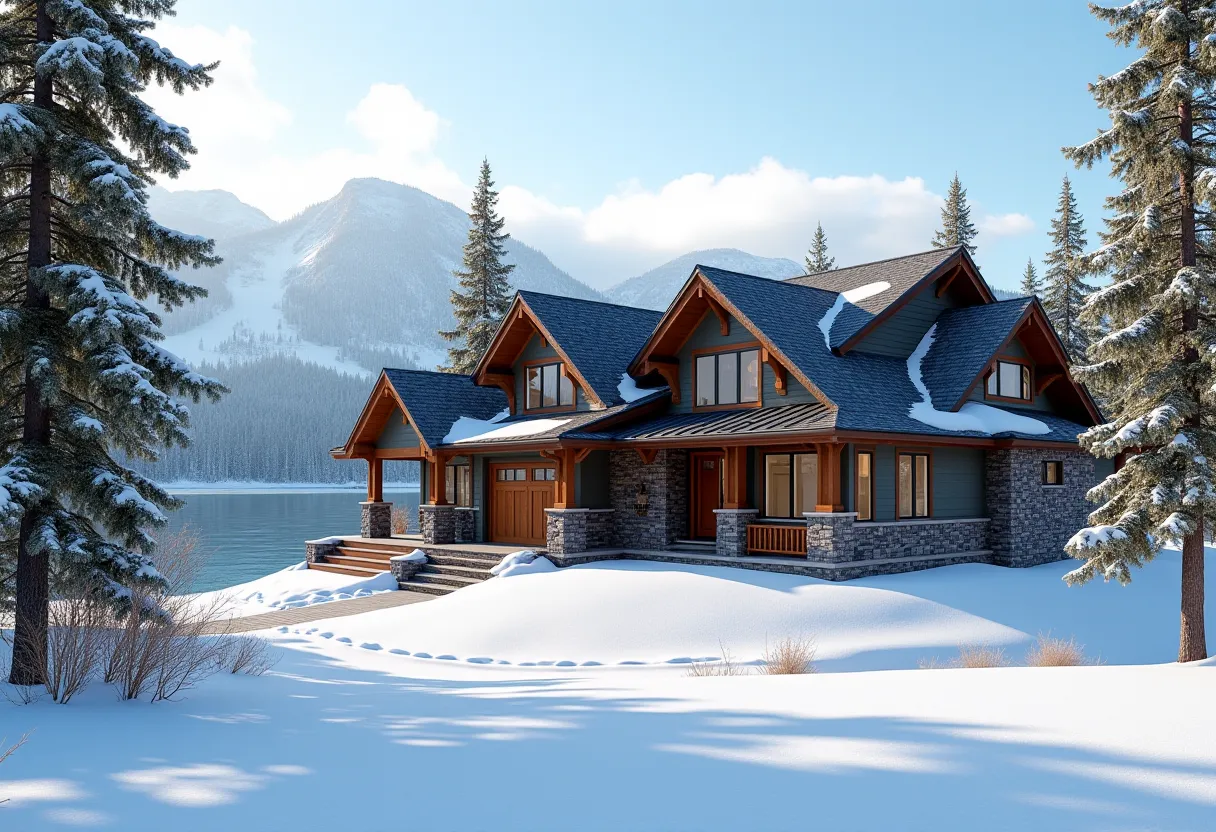 A North Idaho home with a new architectural shingle roof near Coeur d'Alene, framed by evergreens and snow